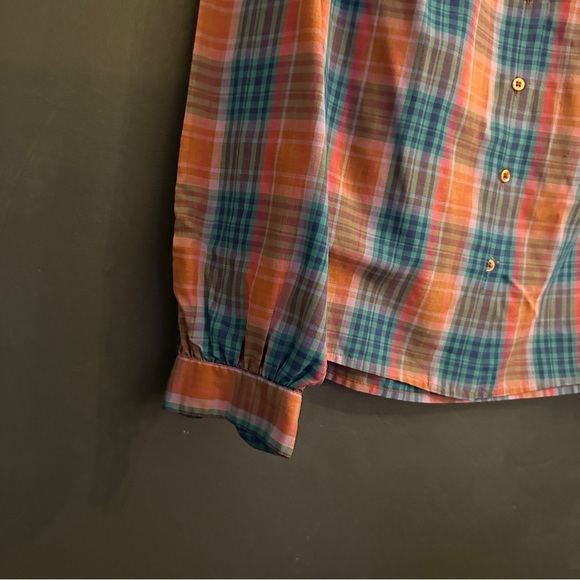 Vintage Pleated Shoulder Orange, Pink Blue Plaid Button Down Blouse | Size ~ M - Picture 6 of 7